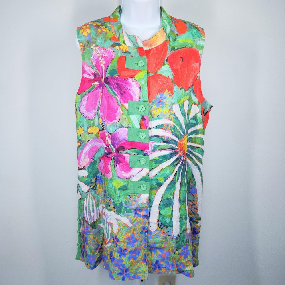 Claire Desjardins Top Womens XL Multicoloured Linen Floral Print Tunic Button Up